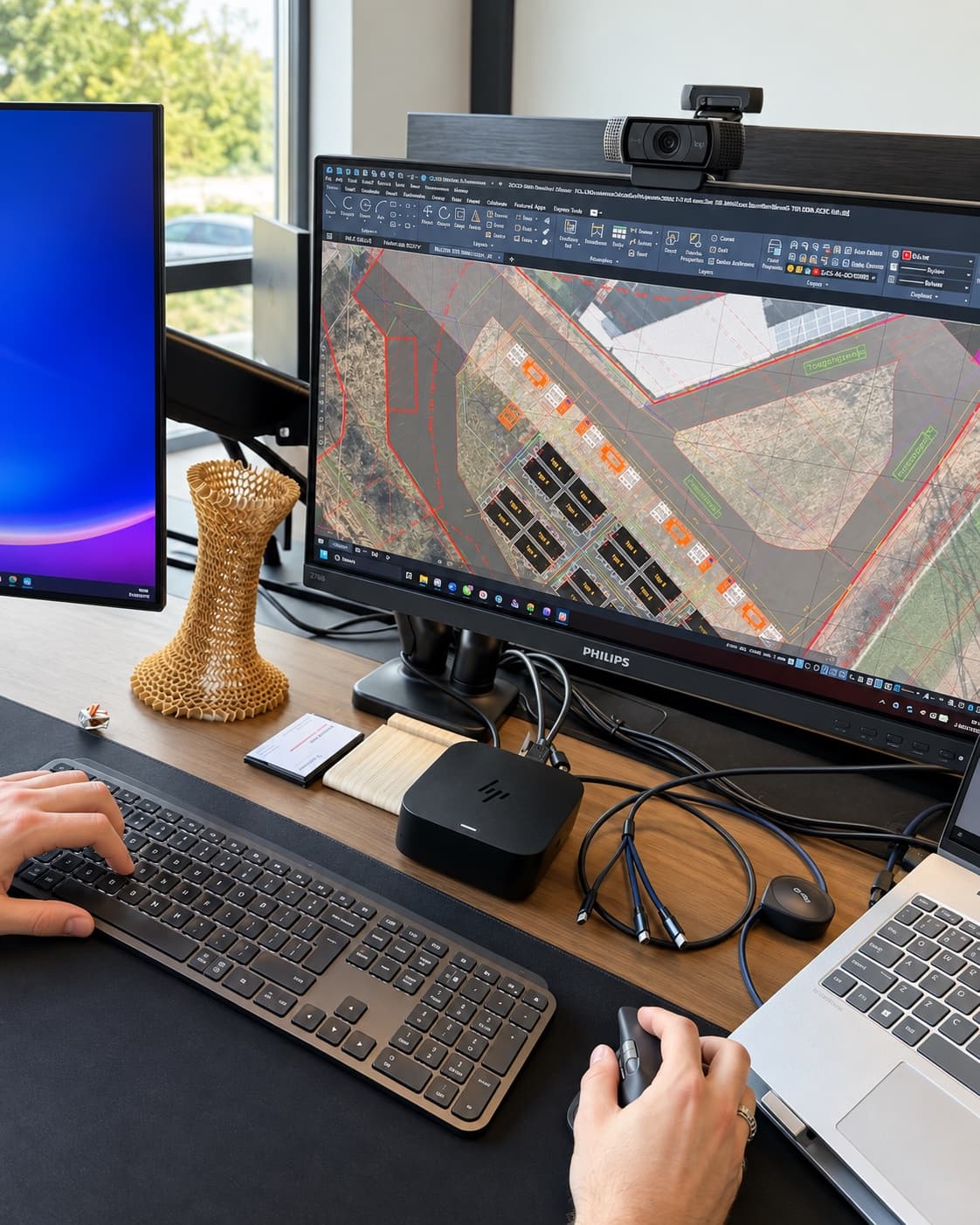 Locatielayout van een batterijopslagproject in CAD op het kantoor van Gridstate