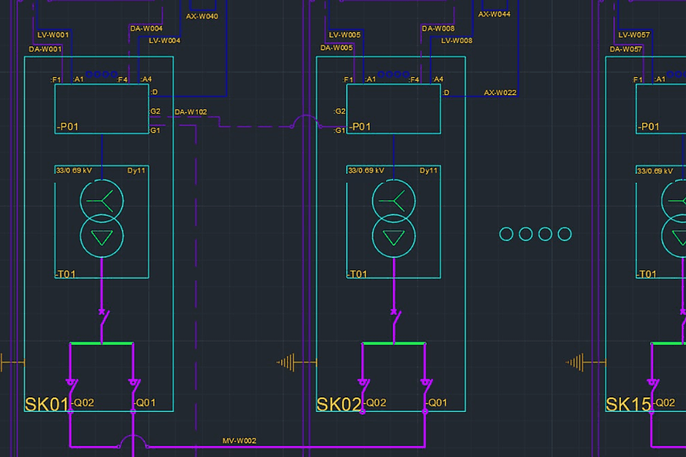 Eendraadschema van een batterijopslagsysteem met transformatorvelden, schakelaars en aderaanduidingen