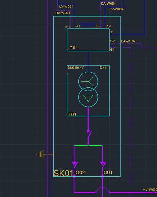 Eendraadschema van een batterijopslagsysteem met transformatorvelden, schakelaars en aderaanduidingen