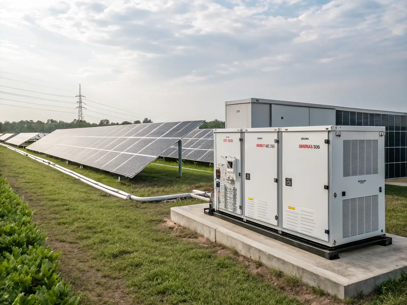A photograph of a Gridstate battery energy storage system (BESS) installed at a solar farm, highlighting the seamless integration of renewable energy sources.