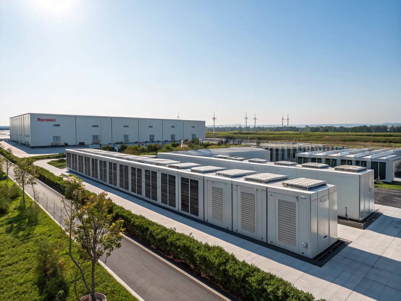 An aerial view of a large-scale Gridstate battery storage facility, emphasizing its modular design and scalability to meet growing energy demands.